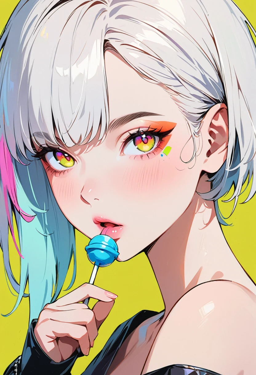 (masterpiece, best quality:1.4), 1 girl, solo, Anime style, Colorful pupils, Blurred eyes, With a lollipop, Pink lower lip, Cyberpunk style makeup, Orange lower eye shadow, Short silver asymmetrical hair, Asymmetrical short hairstyle, Long bangs on one side, Color highlights, Black off-the-shoulder leather jacket, Pure background.
