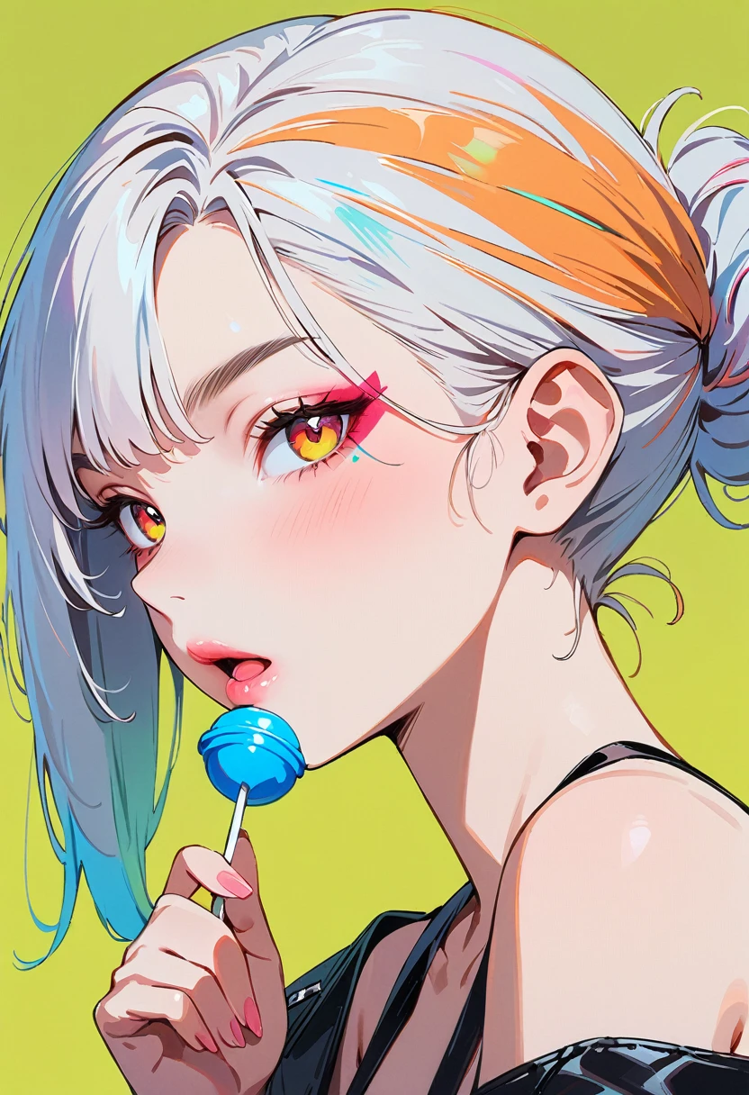 (masterpiece, best quality:1.4), 1 girl, solo, Anime style, Colorful pupils, Blurred eyes, With a lollipop, Pink lower lip, Cyberpunk style makeup, Orange lower eye shadow, Short silver asymmetrical hair, Asymmetrical short hairstyle, Long bangs on one side, Color highlights, Black off-the-shoulder leather jacket, Pure background.