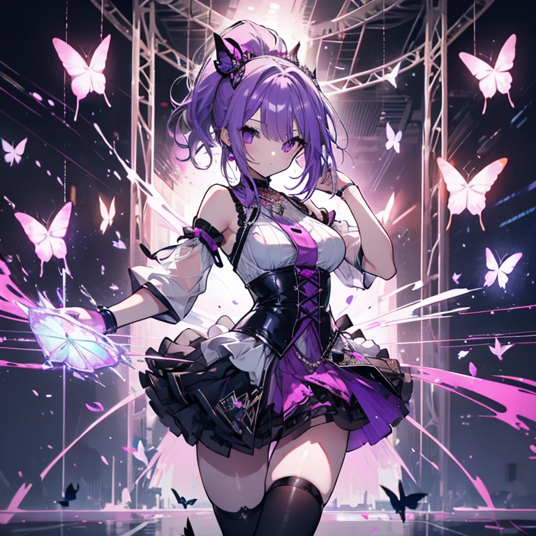 1 girl、Mature、Ample breasts、Purple Hair、Long Hair、ponytail、ballerina、ballerinaの衣装、Miniskirt、Punk costumes、Butterflies fluttering、High resolution、Highest quality、Cinema Lighting、Like a jewel