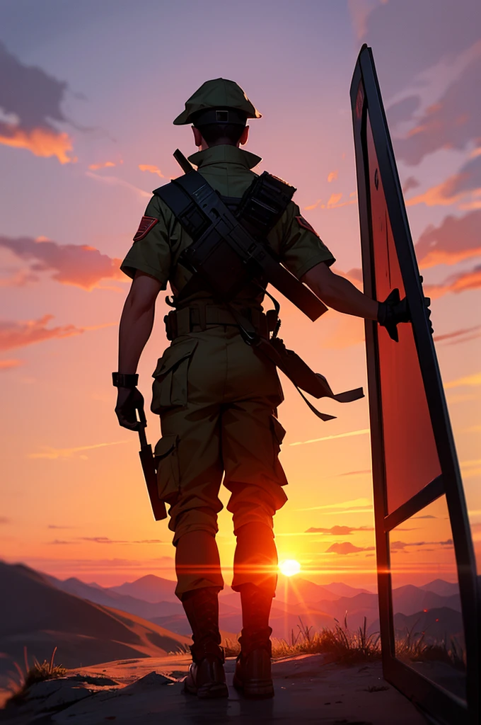 The background is surrounded by a deep red sunset,A male soldier stands on a hill with his back to the screen and facing the sun。