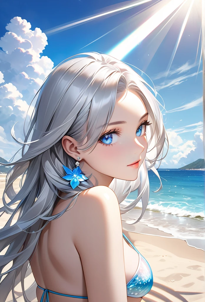 Ultra-realism

“Create a high-resolution image of a glamorous, long-haired silver-haired beautiful girl with translucent light blue eyes. She is wearing earrings and a bikini, sunbathing on a sandy beach. The scene features a bright blue sky with white clouds and dazzling sunlight. 