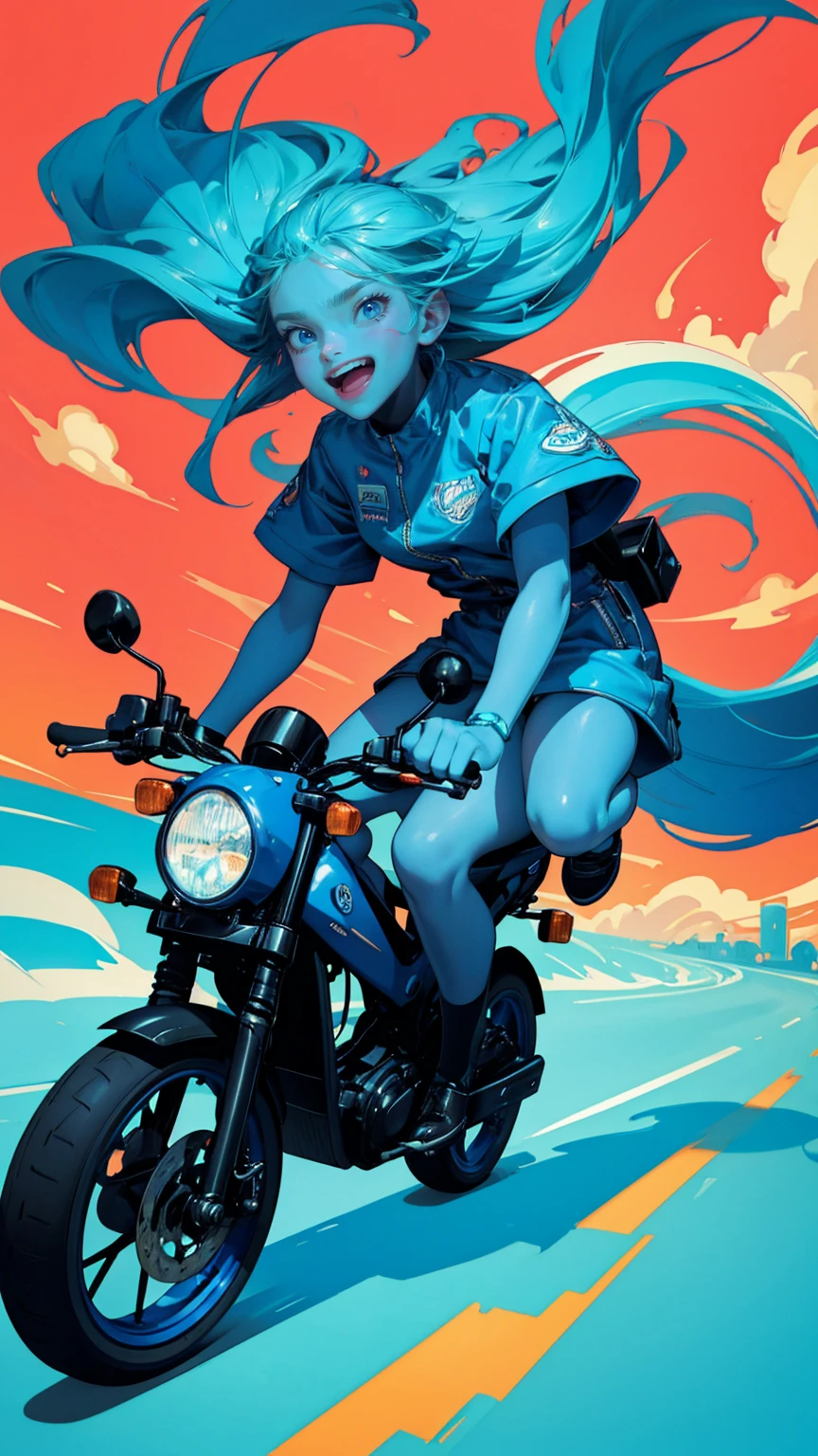 A girl driving an electric car with flames, laughing and making funny faces featuring ghostly figures, blue skin tones,. The background is a colorful scene with a red hot wheels logo on it. A playful monster riding behind them adds to its humor. The scene is rendered in the style of realistic hyper-detailed rendering, with a colorful cartoonish design, blue fire, and cute and dreamy illustrations. It has bold lines and exaggerated shapes, creating a vibrant atmosphere.