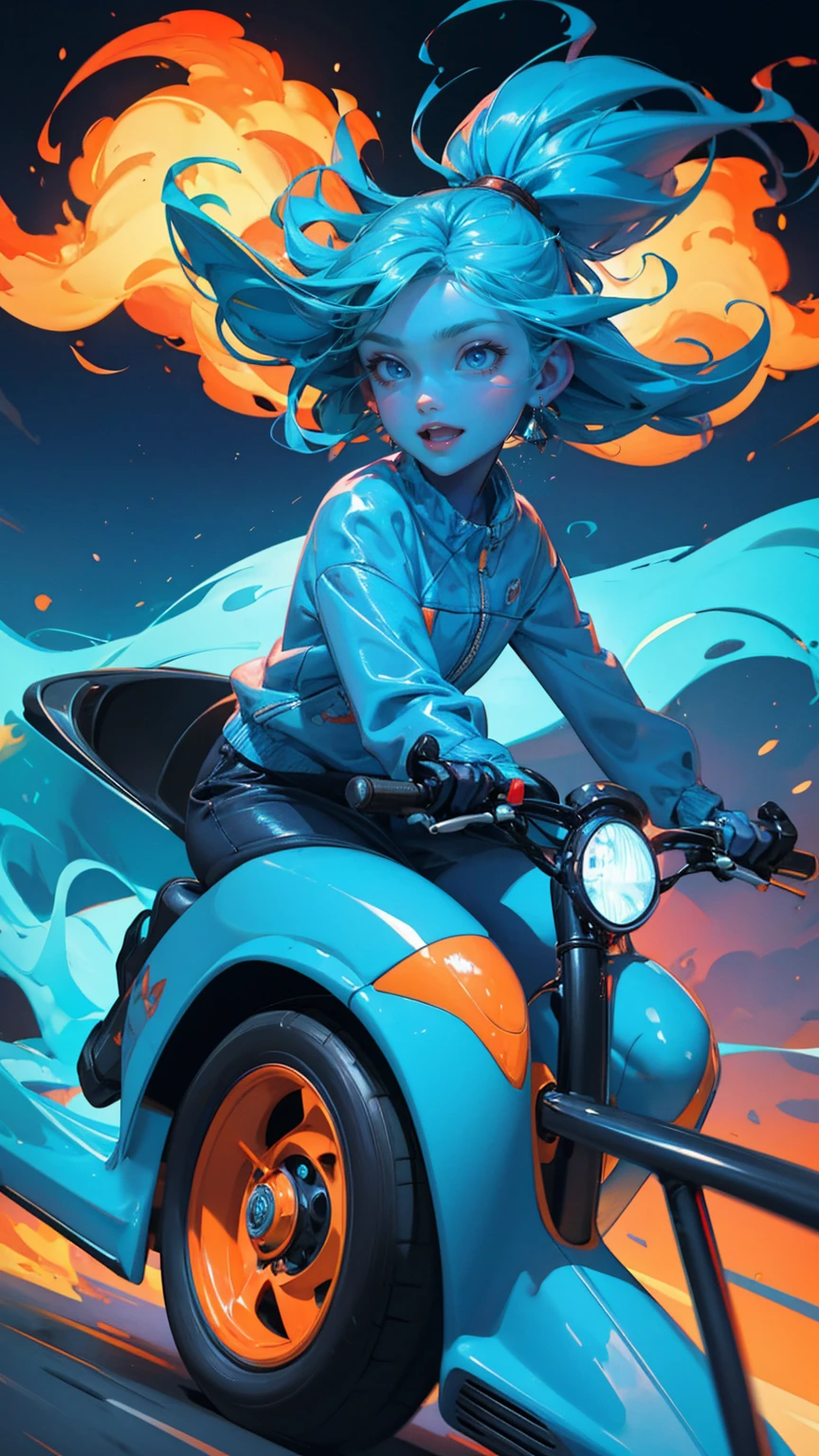 A girl driving an electric car with flames, laughing and making funny faces featuring ghostly figures, blue skin tones,. The background is a colorful scene with a red hot wheels logo on it. A playful monster riding behind them adds to its humor. The scene is rendered in the style of realistic hyper-detailed rendering, with a colorful cartoonish design, blue fire, and cute and dreamy illustrations. It has bold lines and exaggerated shapes, creating a vibrant atmosphere.