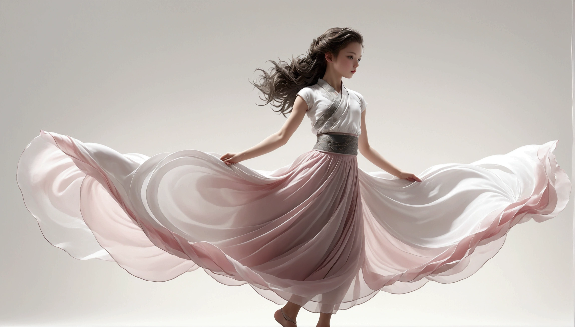 Dance photography：A ，Solitary；A dancing little girl skirt elegant style，Gray pink and white gradient，Traditional style，Smudged skirt hem，Full screen skirt]；[elegant，Flexible skirt；Long hair，Long hair披肩]。[Chinese dance]，[[[Full body panorama 1.5]]]，front；The figure is submerged in the fabric of the skirt，Full screen fabric；Pure white background； Simple style；Minimalism。Panoramic photography；Depth of Field, Extraordinary details, masterpiece, high quality, 4K，cinematic lighting, motion blur, depth of field, sparkle, ray tracing, reflection light, anatomically correct, uhd, textured skin, best quality, super detail, highres, high details, accurate, high quality, award winning