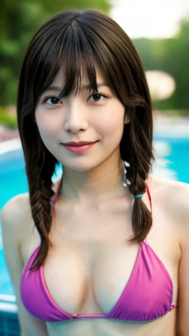 ((standing:1.5)), ((Front view:1.5)), ((medium shot:1.5)), ((outdoor:1.5)), ((private hotel pool:1.5)), ((in the night:1.5)), BREAK Beautiful woman, short woman, short arms, ((small eyes)), fleeting atmosphere, ((thin eyebrows:1.2)), ((thin lips:1.2)), ((38 years old: 1.5)), ((dynamic pose:0.6)), BREAK ((stylish bikini:1.5)), ((Shy Smile:1.2)), ((Scared:1.5)), ((frightened:1.5)), BREAK ((look into the viewer's eyes:1.5)), ((looking at viewer:1.5)), ((a very small mole on her left cheek:1.2)), BREAK ((long ponytail hairstyle:1.5)), ((japanese long side bangs:1.5)), ((asymmetrical bangs:1.5)), (top-quality, 16K, ​masterpiece:1.3), top quality, masterpiece, high resolution, photorealistic, (raw photo), live shooting, 16k wallpaper, perfection, professional lighting, very detailed, fine details, Hyperrealism, hyper realistic, realistic, japanese, (super detailed), (Photorealsitic:1.5), high-level image quality, very detailed, depth of field, (most beautiful), (dramatic lighting:1.2), (cinematic lighting:1.2), ambient lighting, (front lighting:1.2), highest precision, detailed fingers, detailed hands, detailed eyes, detailed skin texture, textured skin , realistic smooth soft skin, (perfect body proportion), (seductive emotion:1.3), (soft and plump thighs:1.2), ((short torso:1.5)), detailed face, detailed finger, clear eyes, gentle eyes, accurately drawn arms, accurate and perfect human anatomy, white and soft thighs, realistic smooth soft skin, real human skin, realistic skin texture, pores,