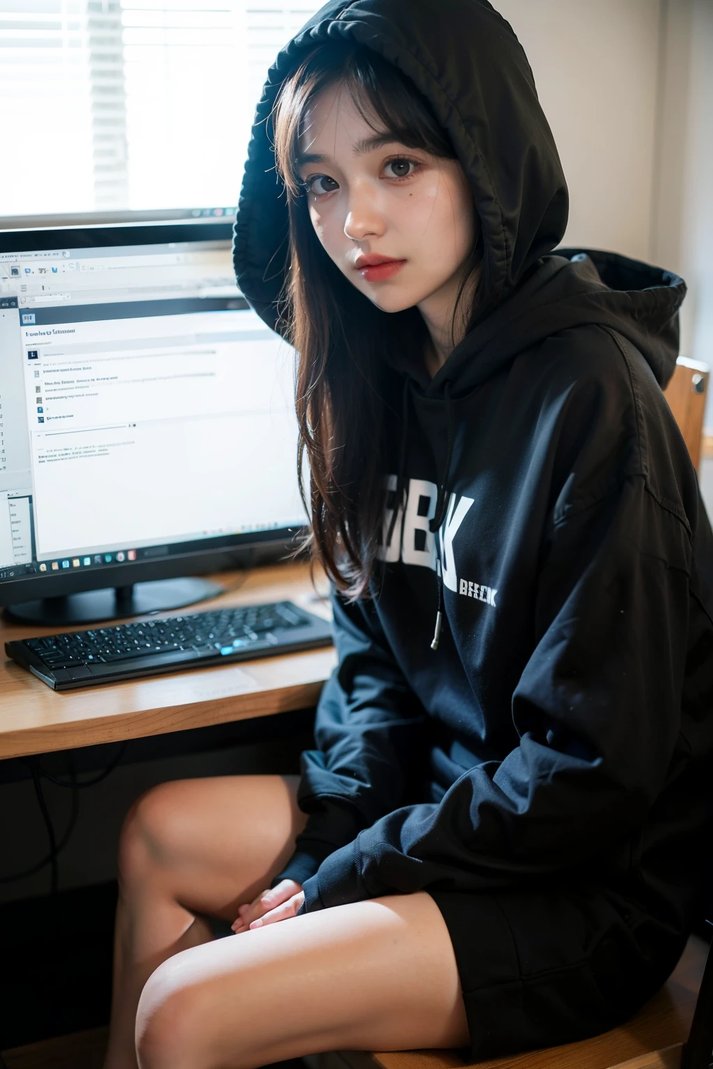 A girl hacker，Sitting at the computer desk，Place your hand on the keyboard，Facing the screen，The light from the screen reflected on her face，She was wearing a dark hooded sweatshirt.，