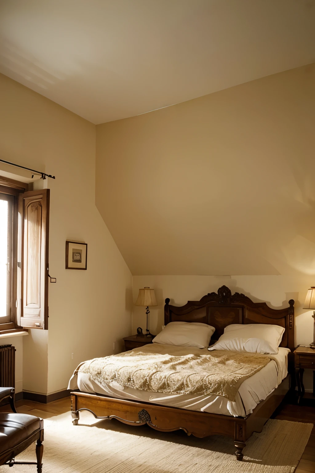 An ancient European style room, large room, with bed