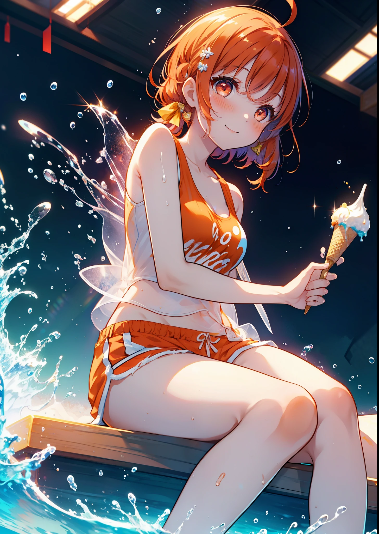 Takahai Chige,Orange Hair,Red eyes,smile,blush,Open your mouth,Long Hair,Ahoge,Orange tank top,Shorts,barefoot,Holding and eating ice cream with both hands,Sitting on the sofa,Daytime,Clear skies,　　　　　　　　　　　　　　　break indoors, room, 　　　　　　　　　　　　　break looking at viewer, whole body, (Cowboy Shot:1. 5)　　　　　　　　　　　　　　　　　　break (masterpiece:1.2), Highest quality, High resolution, unity 8k wallpaper, (shape:0.8), (Beautiful attention to detail:1.6), Highly detailed face, Perfect lighting, Extremely detailed CG, (Perfect hands, Perfect Anatomy),