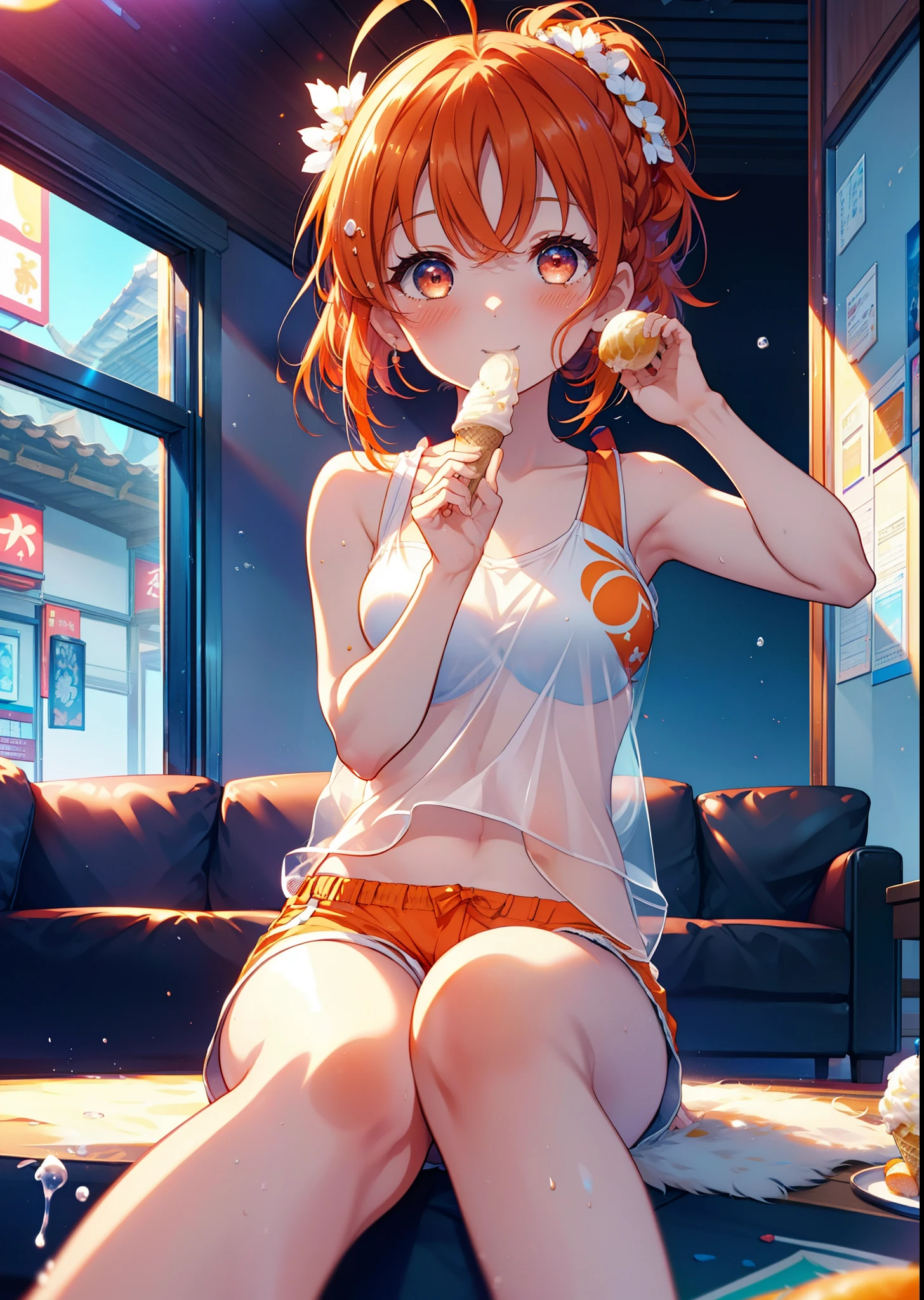 Takahai Chige,Orange Hair,Red eyes,smile,blush,Open your mouth,Long Hair,Ahoge,Orange tank top,Shorts,barefoot,Holding and eating ice cream with both hands,Sitting on the sofa,Daytime,Clear skies,　　　　　　　　　　　　　　　break indoors, room, 　　　　　　　　　　　　　break looking at viewer, whole body, (Cowboy Shot:1. 5)　　　　　　　　　　　　　　　　　　break (masterpiece:1.2), Highest quality, High resolution, unity 8k wallpaper, (shape:0.8), (Beautiful attention to detail:1.6), Highly detailed face, Perfect lighting, Extremely detailed CG, (Perfect hands, Perfect Anatomy),