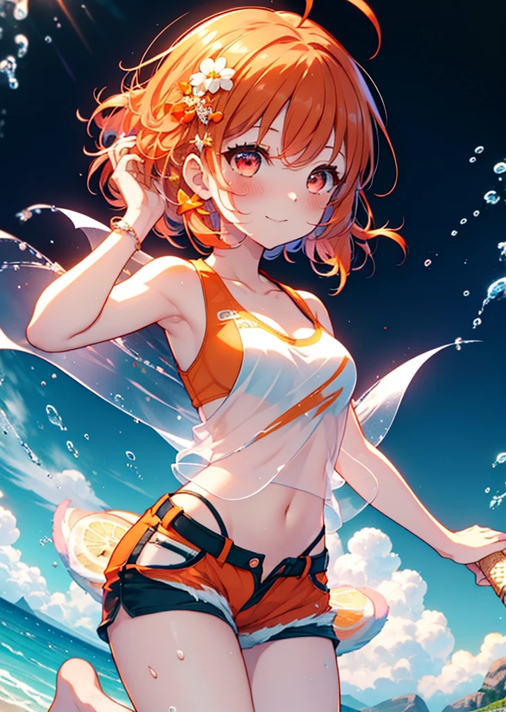 Takahai Chige,Orange Hair,Red eyes,smile,blush,Open your mouth,Long Hair,Ahoge,Orange tank top,Shorts,barefoot,Holding and eating ice cream with both hands,Sitting on the sofa,Daytime,Clear skies, break indoors, room, break looking at viewer, whole body, (Cowboy Shot:1. 5) break (masterpiece:1.2), Highest quality, High resolution, unity 8k wallpaper, (shape:0.8), (Beautiful attention to detail:1.6), Highly detailed face, Perfect lighting, Extremely detailed CG, (Perfect hands, Perfect Anatomy),