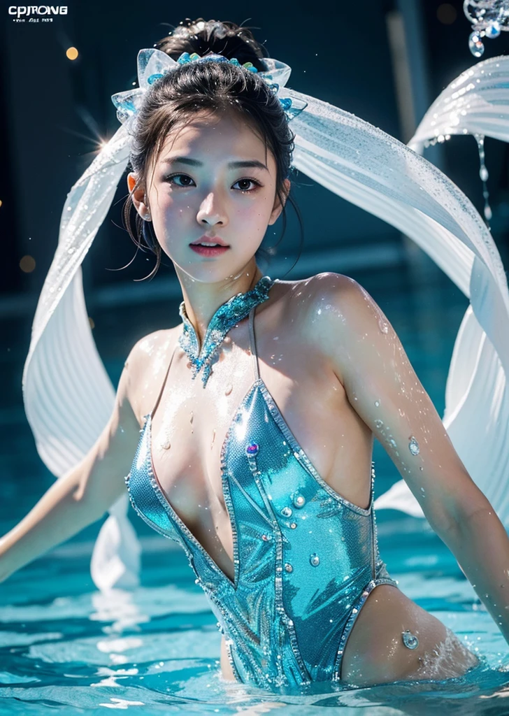 Diffuse lighting、 Highest quality, High resolution, unity 8k wallpaper、Supersaturation, Japanese、1 female、23age、Artistic Swimming、Synchronized swimming athletes、Water droplets all over the body、Wet、World Congress、Serious expression、Colorful costumes、Sparkly costume、