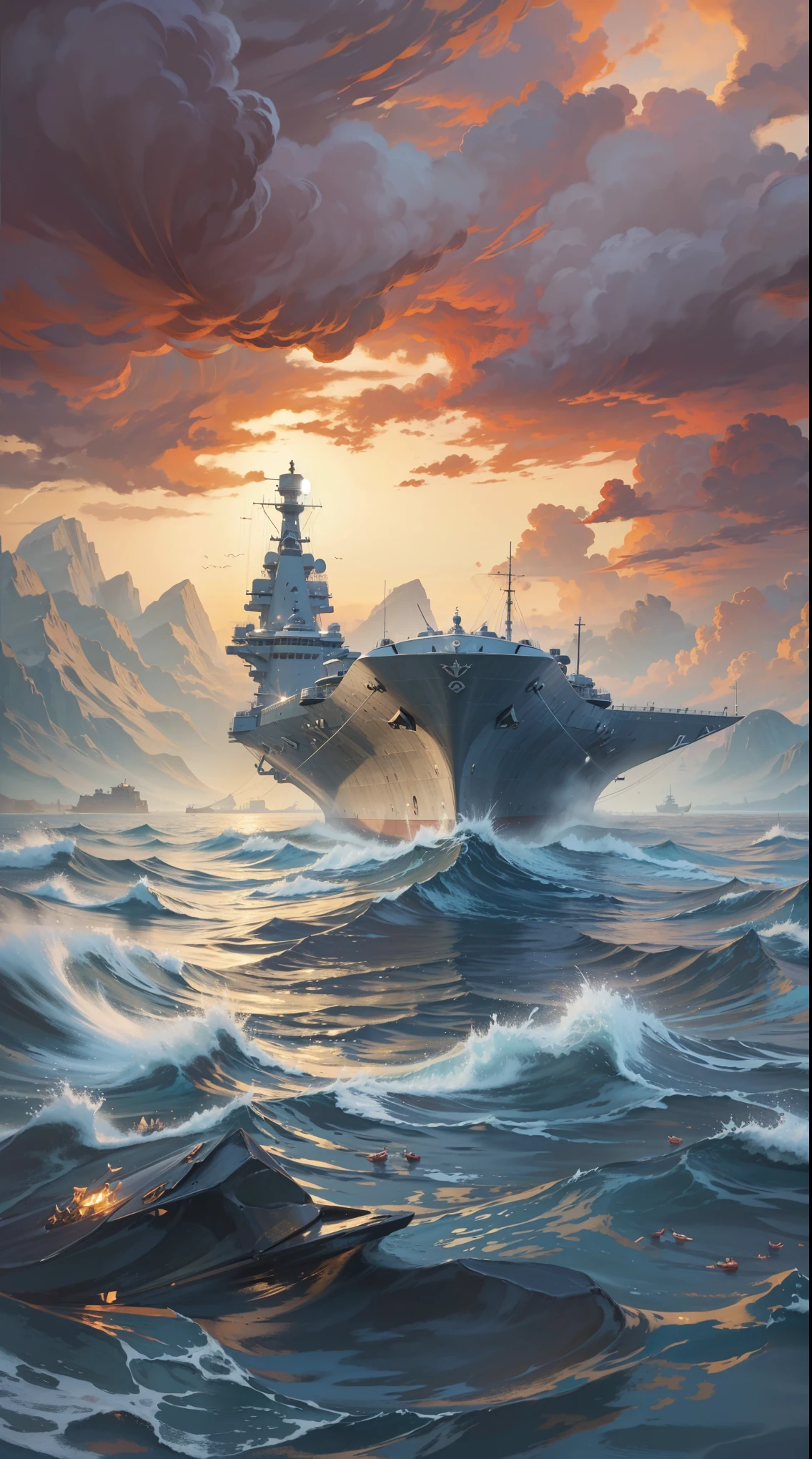A warship parked in the middle of the water, masterpiece, best quality, (Extremely detailed CG unity 8k wallpaper), (best quality), (Best Illustration), (Best shadow), absurd, Realistic lighting, (abyss), Beautiful and delicate light, Artworks by Peter Mohr Bacher.