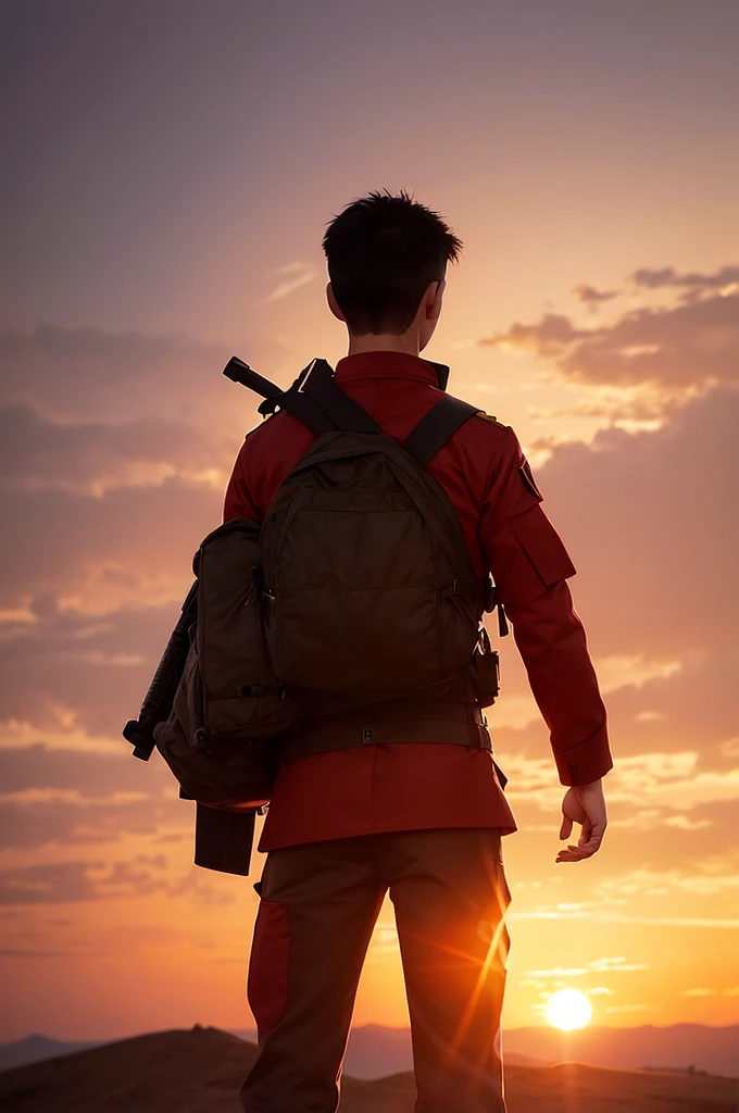 The background is surrounded by a deep red sunset,A male soldier stands on a hill with his back to the screen and facing the sun。
