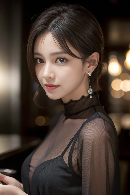 masterpiece, Highest quality, Realistic, Very detailed, Finer details, High resolution, 8k wallpaper, One beautiful woman, Wear a black see-through shirt, In a great restaurant, At night, Light brown unkempt short hair, Perfect dynamic composition, Beautiful and beautiful eyes、Big earrings