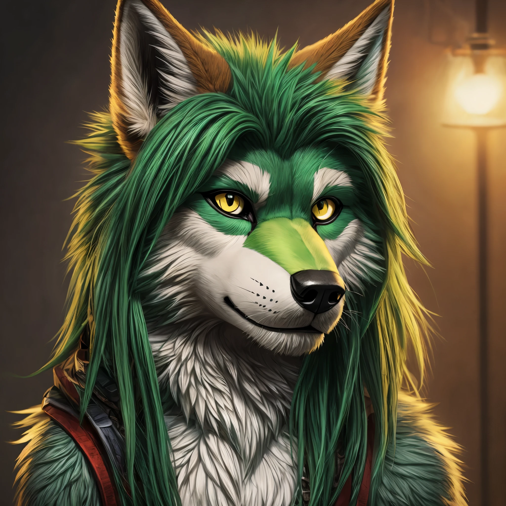 anthro green wolf with fur, man furry detailed fur long fur long hair realistic fur digital art, araffe with green hair and yellow eyes, headshot of young male furry, fursuit, furry fursona, furry character portrait, fursuit!!!!, pov furry art, furry artist, furry character, fursona!!!!, furry shot, holo is a wolf man, portrait of an anthro wolf, handsome weasel fursona portrait
