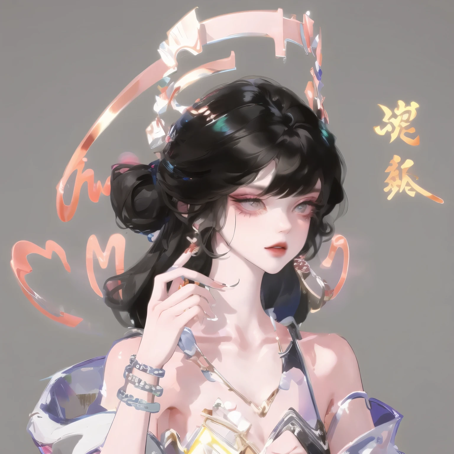 Optionally, solitary, 1 girl, 黑色nail, Jewelry,Looking at the audience, necklace, necklace, Put your hands on your face, punching, White background, Heart, Residence, Gray eyes, nail油, Simple background, Black Hair, ear punching, black necklace, Smile, eyelash, Lips, Put hand on cheek, Bangs, bracelet, bead, gem, earrings, nail