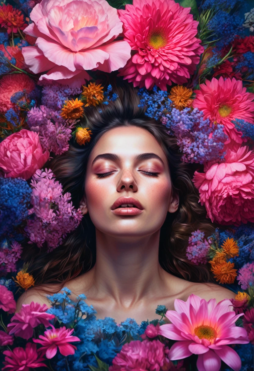 Surrealistic Hyperrealistic Portrait of a Woman, digital artwork by Christian Hilfgott Brand, woman's portrait, surrealistic, hyperrealistic, 8k resolution, high-definition, detailed facial features, vibrant colors like pink and blue, dreamlike atmosphere, flowers in hair, gentle smile, eyes closed, mystical expression, ethereal quality, realistic texture, cleavage, thigh, sexy