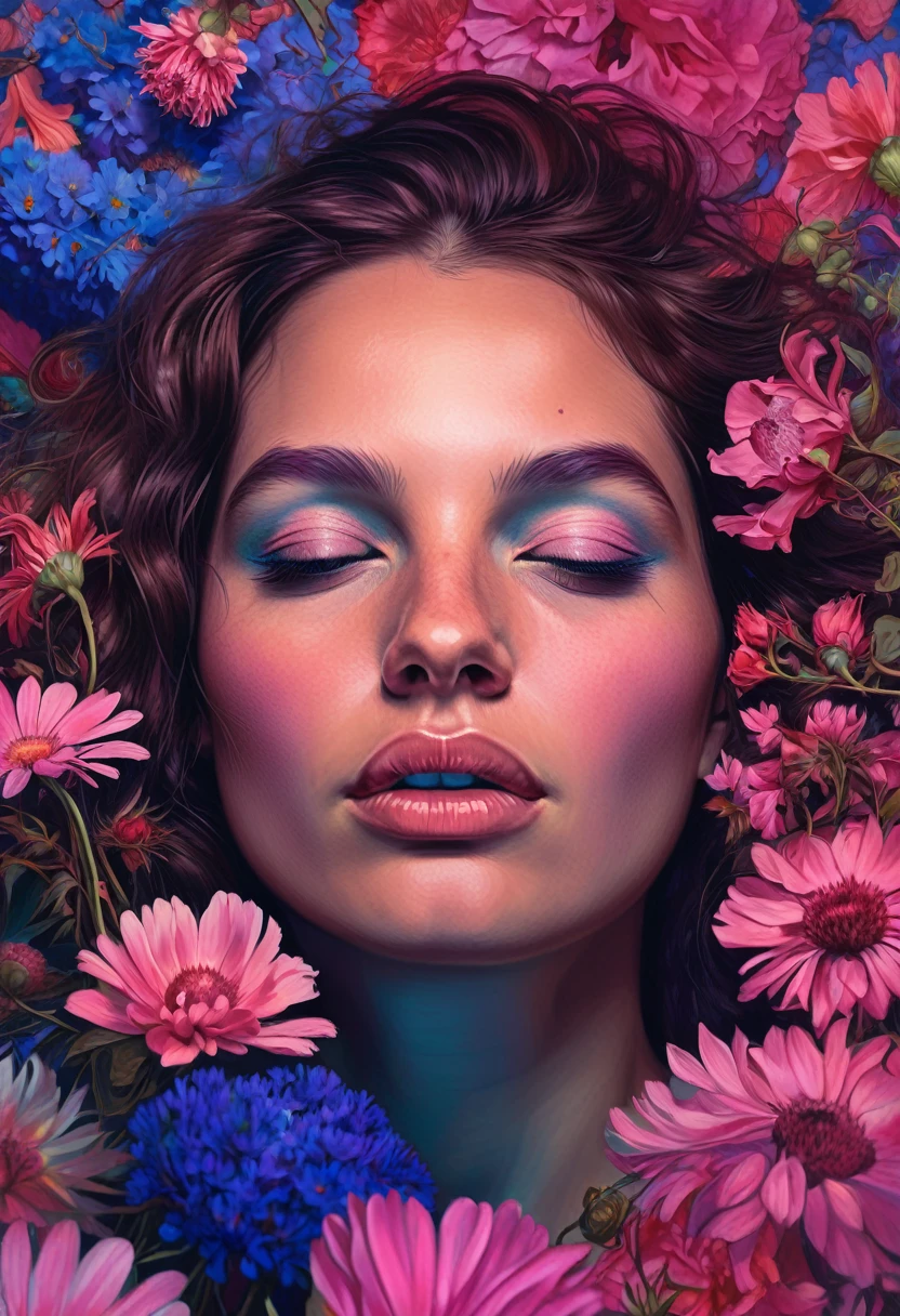 Surrealistic Hyperrealistic Portrait of a Woman, digital artwork by Christian Hilfgott Brand, woman's portrait, surrealistic, hyperrealistic, 8k resolution, high-definition, detailed facial features, vibrant colors like pink and blue, dreamlike atmosphere, flowers in hair, gentle smile, eyes closed, mystical expression, ethereal quality, realistic texture, cleavage, thigh, sexy