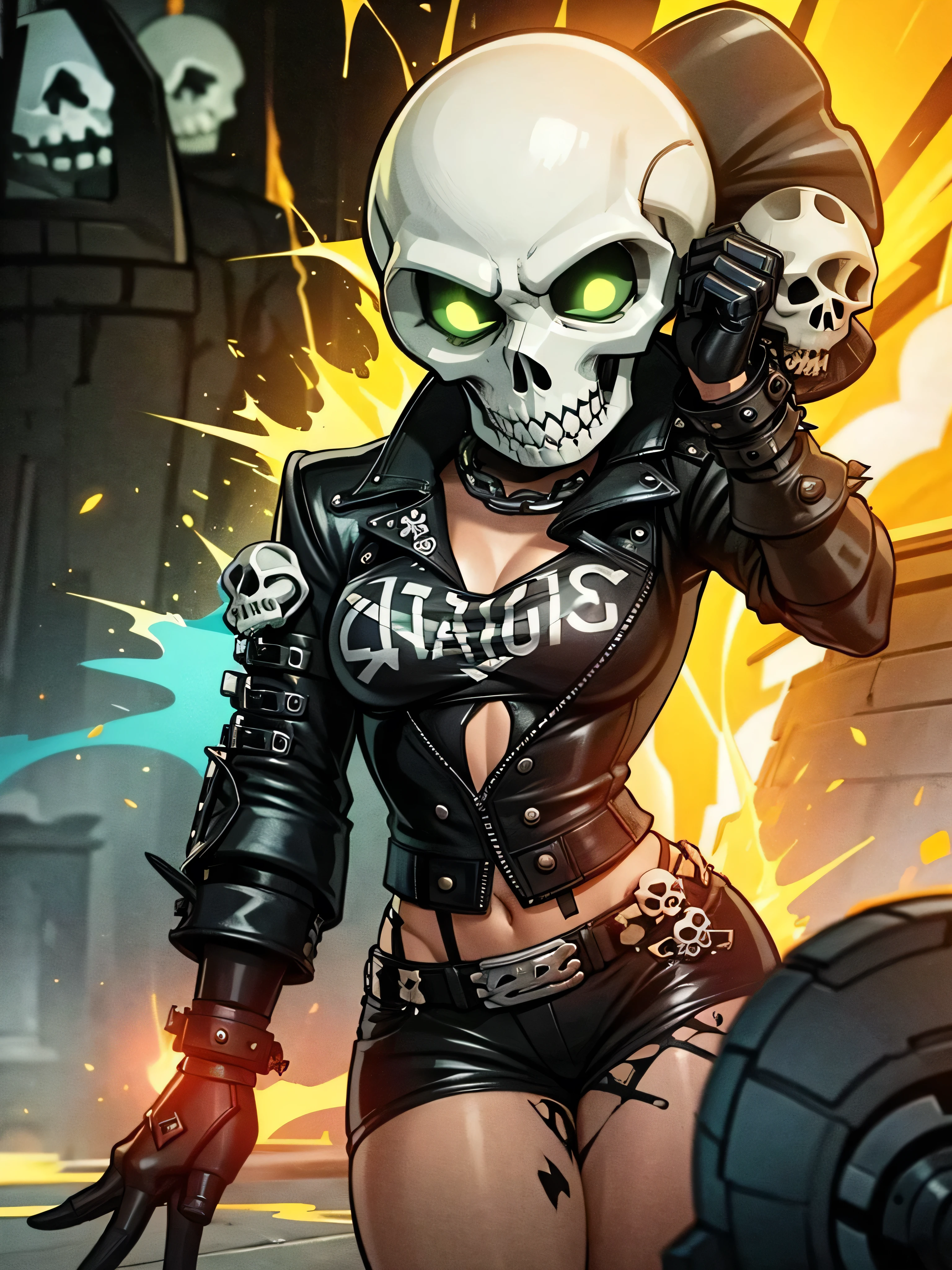 skulls in punk outfits are exploding and the surroundings are becoming toxic