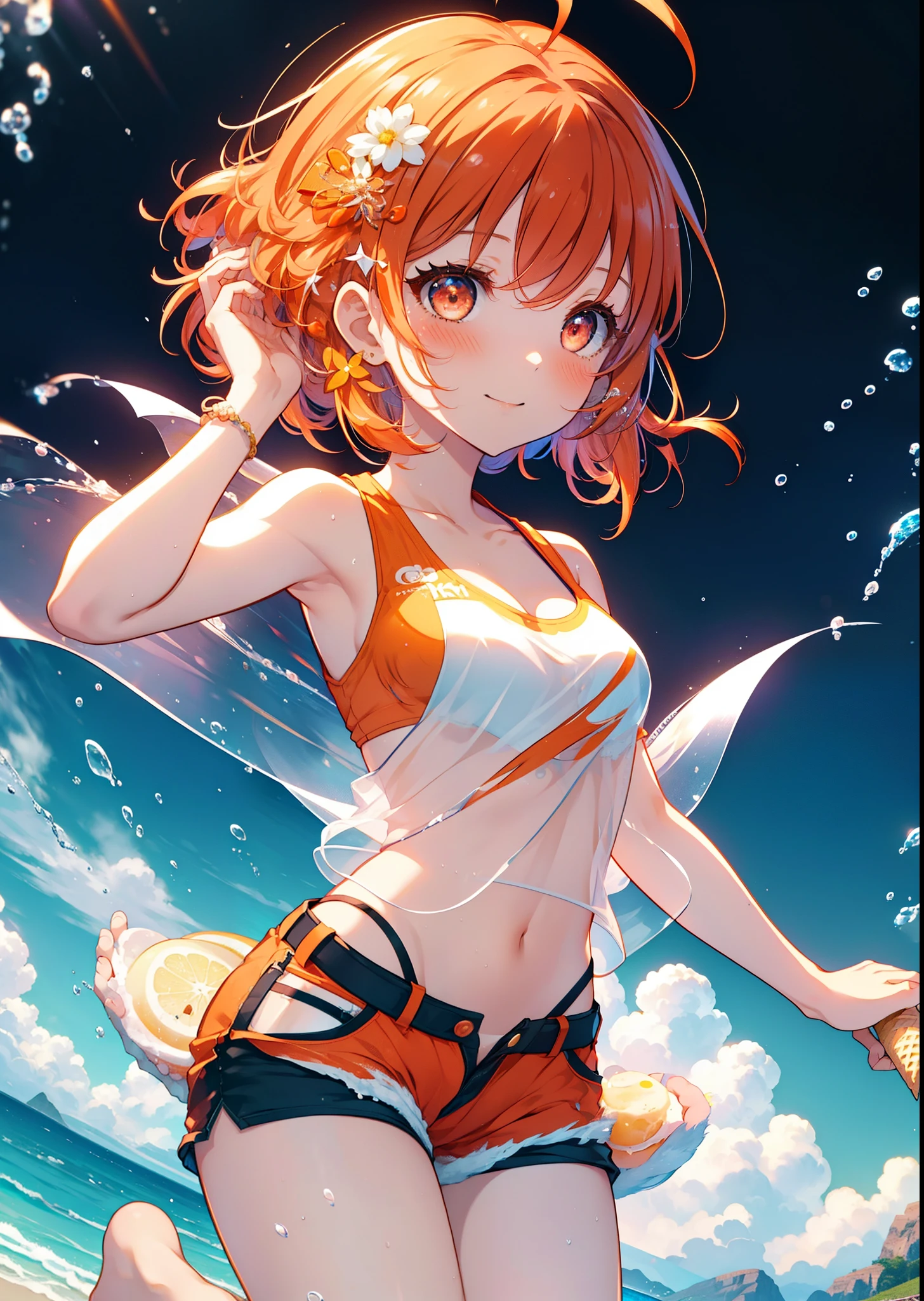 Takahai Chige,Orange Hair,Red eyes,smile,blush,Open your mouth,Long Hair,Ahoge,Orange tank top,Shorts,barefoot,Holding and eating ice cream with both hands,Sitting on the sofa,Daytime,Clear skies,　　　　　　　　　　　　　　　break indoors, room, 　　　　　　　　　　　　　break looking at viewer, whole body, (Cowboy Shot:1. 5)　　　　　　　　　　　　　　　　　　break (masterpiece:1.2), Highest quality, High resolution, unity 8k wallpaper, (shape:0.8), (Beautiful attention to detail:1.6), Highly detailed face, Perfect lighting, Extremely detailed CG, (Perfect hands, Perfect Anatomy),