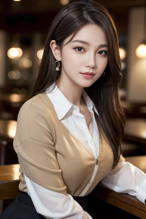 masterpiece, Highest quality, Realistic, Very detailed, Finer details, High resolution, 8k wallpaper, One beautiful woman, Wear casual business attire, In a great restaurant, At night, Light brown messy hair, Perfect dynamic composition, Beautiful and beautiful eyes、Big earrings