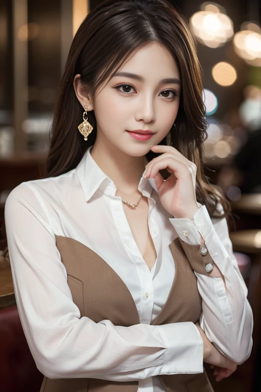 masterpiece, Highest quality, Realistic, Very detailed, Finer details, High resolution, 8k wallpaper, One beautiful woman, Wear casual business attire, In a great restaurant, At night, Light brown messy hair, Perfect dynamic composition, Beautiful and beautiful eyes、Big earrings