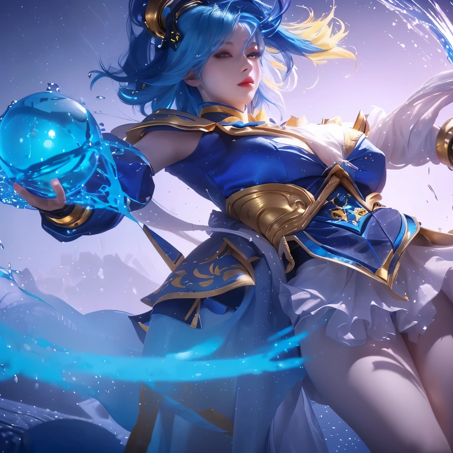 a close up of a woman with a blue and yellow hair holding a blue and yellow ball, orianna, splash art, 8k hd wallpaperjpeg artifact, 8 k hd wallpaperjpeg artifact, official splash art, wallpaper splash art, lunox mlbb