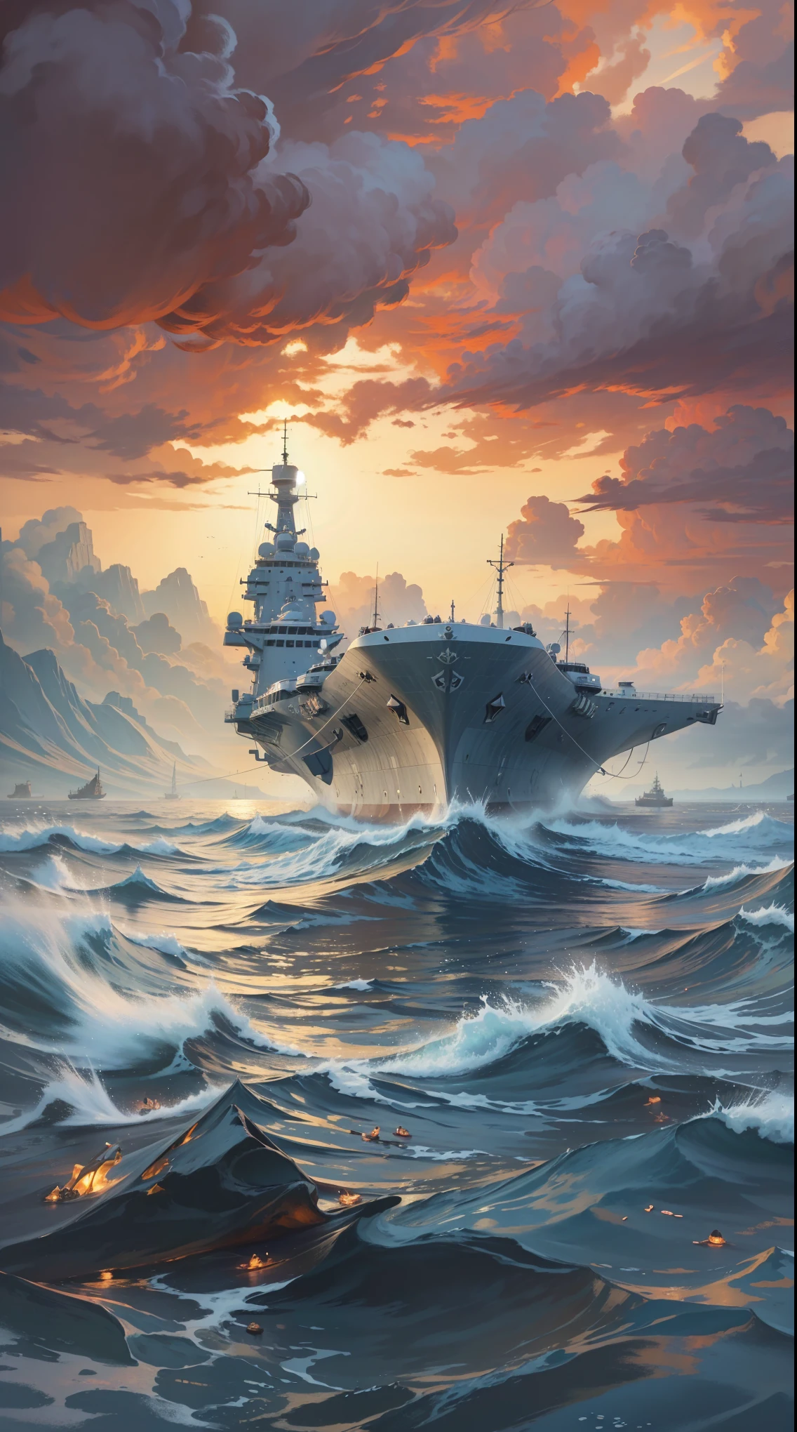 A warship parked in the middle of the water, masterpiece, best quality, (Extremely detailed CG unity 8k wallpaper), (best quality), (Best Illustration), (Best shadow), absurd, Realistic lighting, (abyss), Beautiful and delicate light, Artworks by Peter Mohr Bacher.