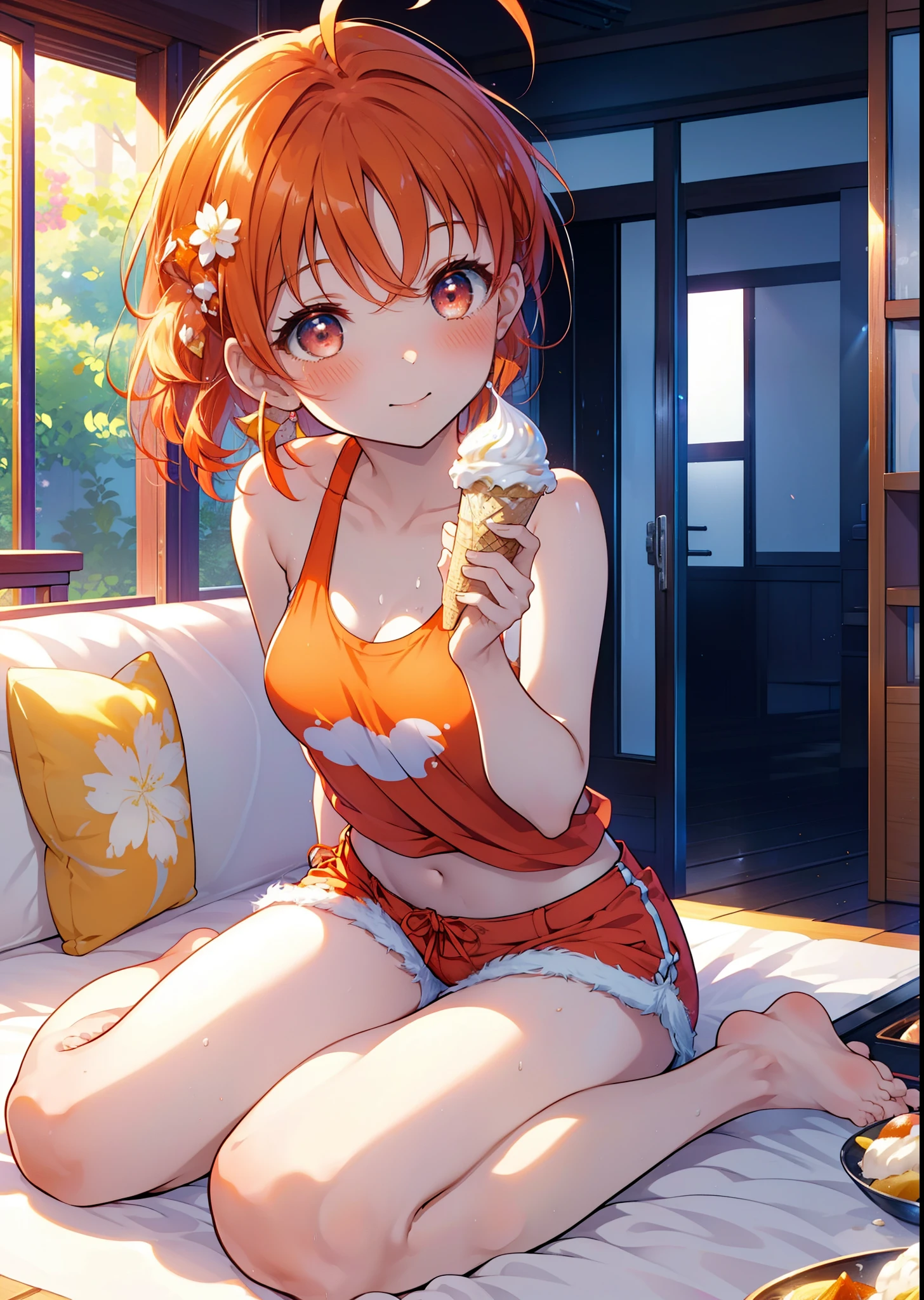 Takahai Chige,Orange Hair,Red eyes,smile,blush,Open your mouth,Long Hair,Ahoge,Orange tank top,Shorts,barefoot,Holding and eating ice cream with both hands,Sitting on the sofa,Daytime,Clear skies,　　　　　　　　　　　　　　　break indoors, room, 　　　　　　　　　　　　　break looking at viewer, whole body, (Cowboy Shot:1. 5)　　　　　　　　　　　　　　　　　　break (masterpiece:1.2), Highest quality, High resolution, unity 8k wallpaper, (shape:0.8), (Beautiful attention to detail:1.6), Highly detailed face, Perfect lighting, Extremely detailed CG, (Perfect hands, Perfect Anatomy),