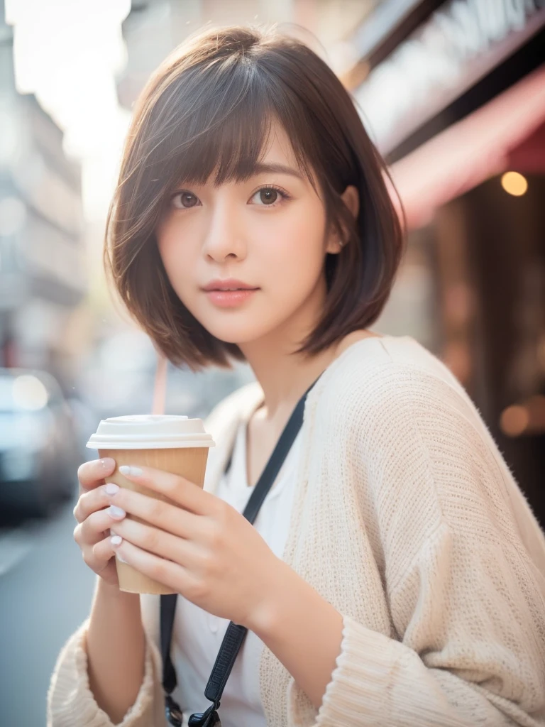 1 girl, in cafe, holding a coffee, captivating and graceful, (realistic detailed eyes, natural skin texture, innocent expresion), intricate details, soft and dreamy lighting, pastel color palette, shallow depth of field, highly detailed, hyper-realistic, medium-format film camera, blurred background., bob cut、bob hair、short hair, japanese