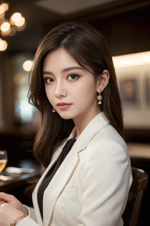 masterpiece, Highest quality, Realistic, Very detailed, Finer details, High resolution, 8k wallpaper, One beautiful woman, Wear a business suit, In a great restaurant, At night, Light brown messy hair, Perfect dynamic composition, Beautiful and beautiful eyes、Big earrings