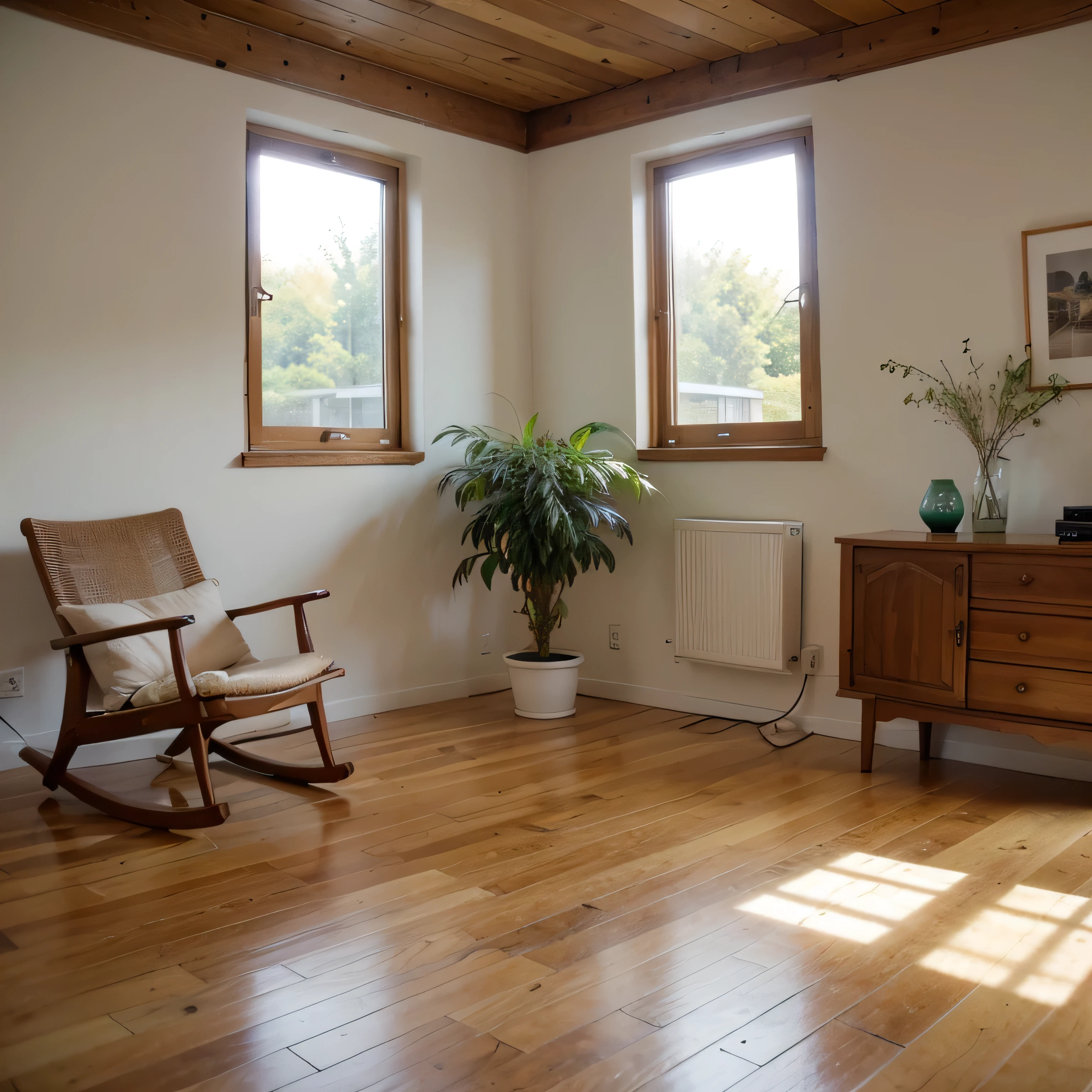 Warm indoor environment,A corner of the living room,Natural light shines in,Wood colored floor,There are greenery,A small corner