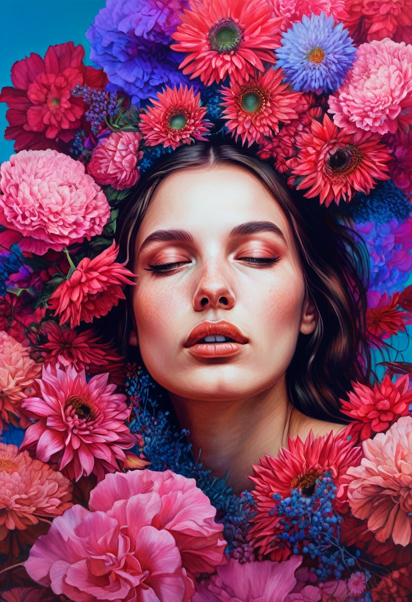 Surrealistic Hyperrealistic Portrait of a Woman, digital artwork by Christian Hilfgott Brand, woman's portrait, surrealistic, hyperrealistic, 8k resolution, high-definition, detailed facial features, vibrant colors like pink and blue, dreamlike atmosphere, flowers in hair, gentle smile, eyes closed, mystical expression, ethereal quality, realistic texture, cleavage, thigh, sexy, short flower gown, sexy, short skirt