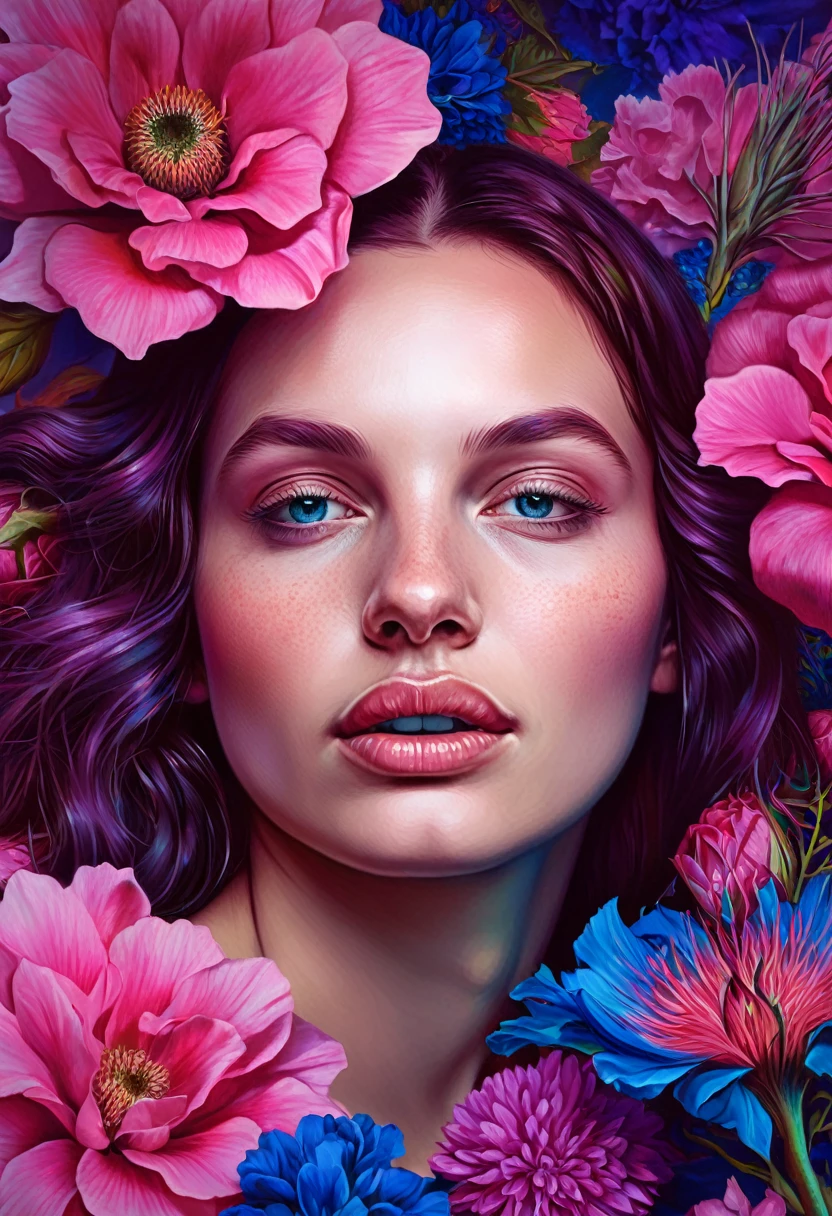Surrealistic Hyperrealistic Portrait of a Woman, digital artwork by Christian Hilfgott Brand, woman's portrait, surrealistic, hyperrealistic, 8k resolution, high-definition, detailed facial features, vibrant colors like pink and blue, dreamlike atmosphere, flowers in hair, gentle smile, eyes closed, mystical expression, ethereal quality, realistic texture, cleavage, thigh, sexy, short flower gown, sexy, short skirt