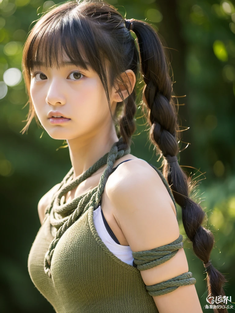 ((highest quality, masterpiece :1.3)), Photorealistic、Ultra-high resolution、Natural skin texture、Hyperrealism、Near Movies、Beautiful Japanese girl in her early teens、One girl、Twin tail hair、Tank top、Rope bondage around the chest、Angry expression、Shooting in the classroom