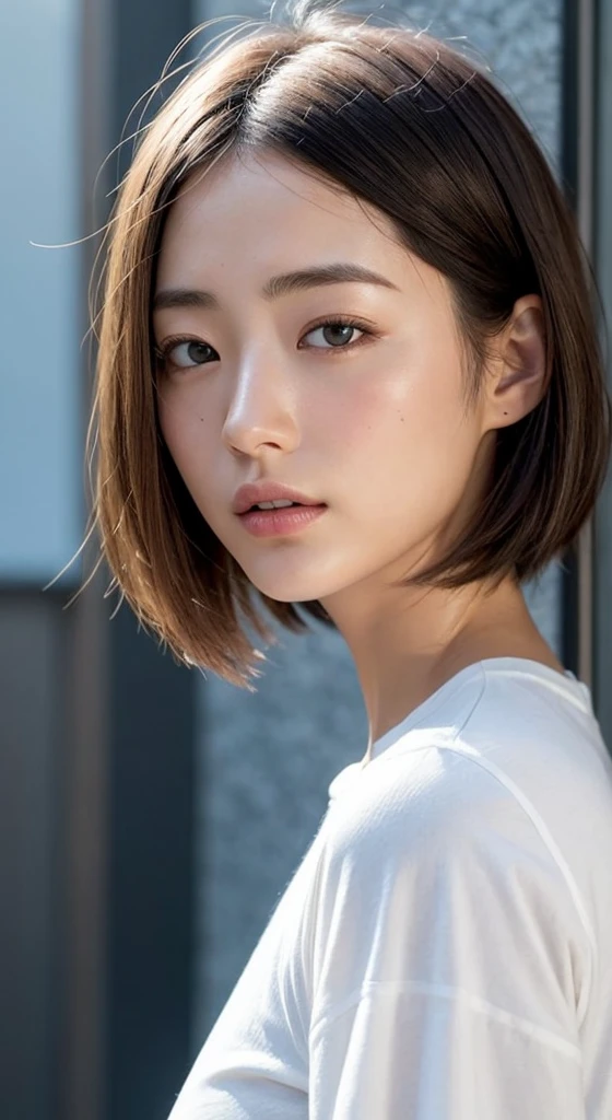 doress、(Photorealsitic:1.4)、(hyper realisitic:1.4)、(realisitic:1.3)、(Smooth lighting:1.05)、(Improved lighting quality in movies:0.9)、32K、1girl in、20 years girl、Realistic lighting、Back lighting、Facial light、raytrace、(brightened light:1.2)、(enhanced quality:1.4)、(Top quality real texture skins:1.4)、finely eye、finerly detailed face、Fine quality eye、(Tired, sleepy and satisfied:0.0)、 close up of face、white t-shirts、(enhance body line mood:1.1)、(Increase the beauty of skin texture:1.1)、((Mio Imada))、Concrete background、Short bob hair with uniform shape on the left and right