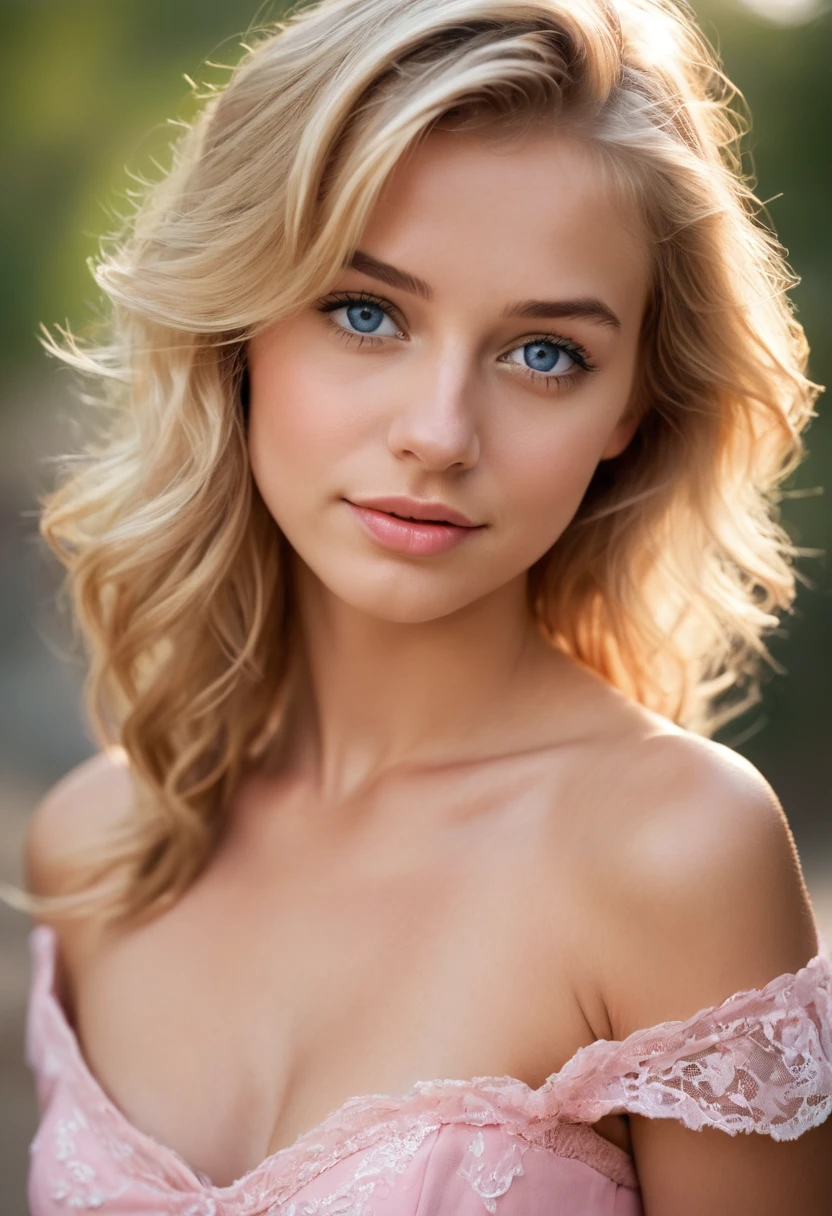 a beautiful European blonde, 23 years, medium hair,blue eyes, 20 years old, Blonde, Hyperreal, Delicate face, dark and deep blue eyes, Exquisite facial features, sweet smile,((Blushing:1.44, orgasm)),Wearing pink strapless dress, big chest, (standing), (navel exposed), (navel), cowboy shot:1.2,((Super Detail, best quality:1.4, masterpiece:1.2, super detail)), high detail, ray tracing, award winning, best quality, award winning, masterpiece, (head tilted), (sitting sideways), eyes contact, lot of desire for the viewer, side portrait, face focus, pov, outdoor, in park, RAW photo, realistic, volumetric lighting, depth of field,cinematic, full body shooting