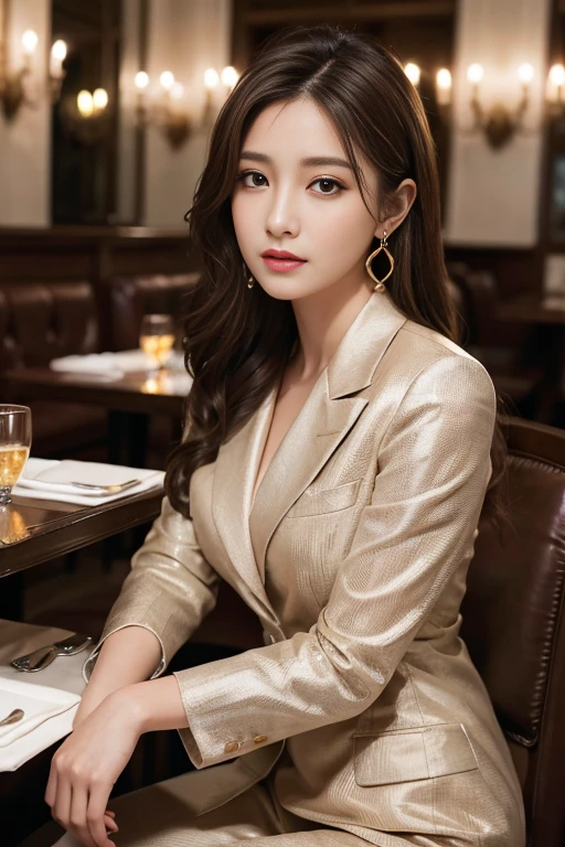 masterpiece, Highest quality, Realistic, Very detailed, Finer details, High resolution, 8k wallpaper, One beautiful woman, Wear a nice suit, In a great restaurant, At night, Light brown messy hair, Perfect dynamic composition, Beautiful and beautiful eyes、Big earrings、Sitting in a chair、