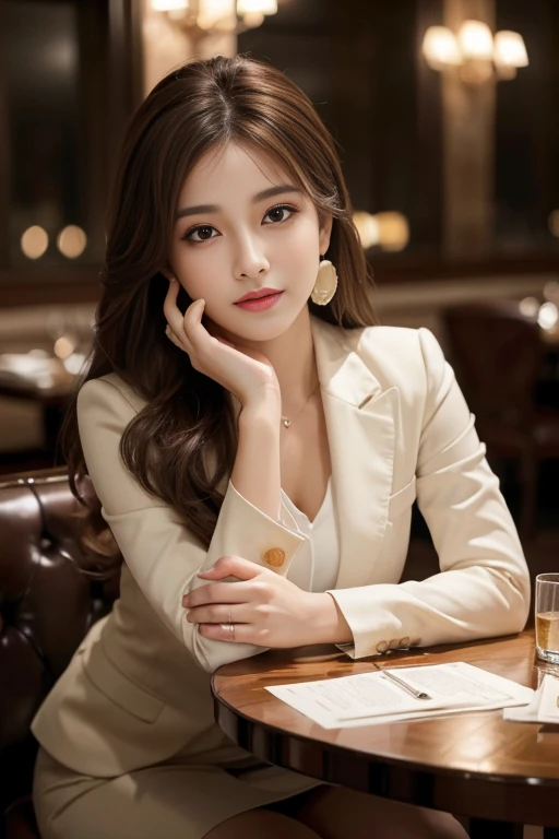 masterpiece, Highest quality, Realistic, Very detailed, Finer details, High resolution, 8k wallpaper, One beautiful woman, Wear a nice suit, In a great restaurant, At night, Light brown messy hair, Perfect dynamic composition, Beautiful and beautiful eyes、Big earrings、Sitting in a chair、