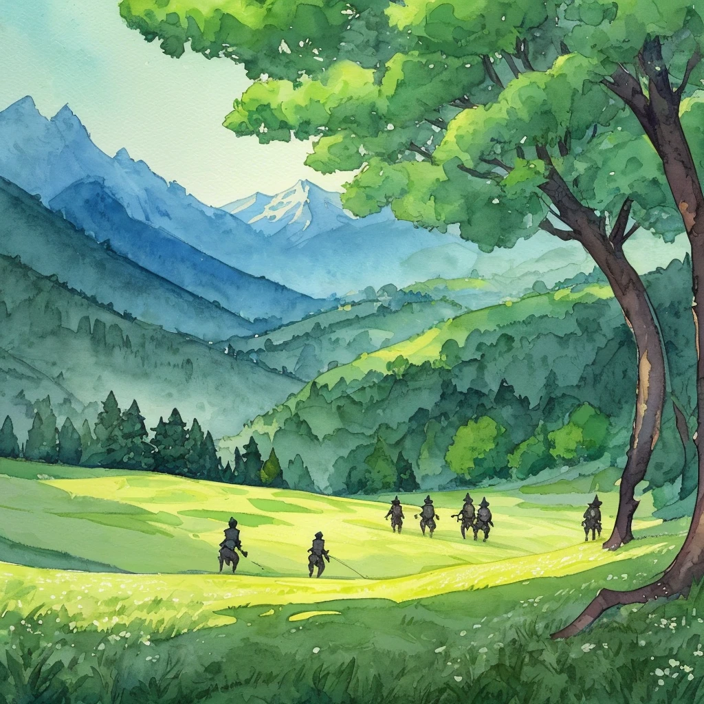 On a green meadow,A boy in black standing,Leading a group of knights. With a brave expression, He guided them to their destination..Behind him, A green forest stretches out, Mountains stand in the distance.The effect that works best for this scene is to use a watercolor technique to capture the softness of the grass and the fluidity of its movement..