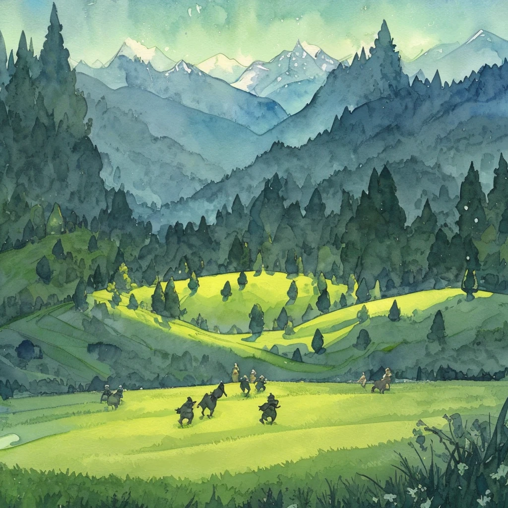 On a green meadow,A boy in black standing,Leading a group of knights. With a brave expression, He guided them to their destination..Behind him, A green forest stretches out, Mountains stand in the distance.The effect that works best for this scene is to use a watercolor technique to capture the softness of the grass and the fluidity of its movement..