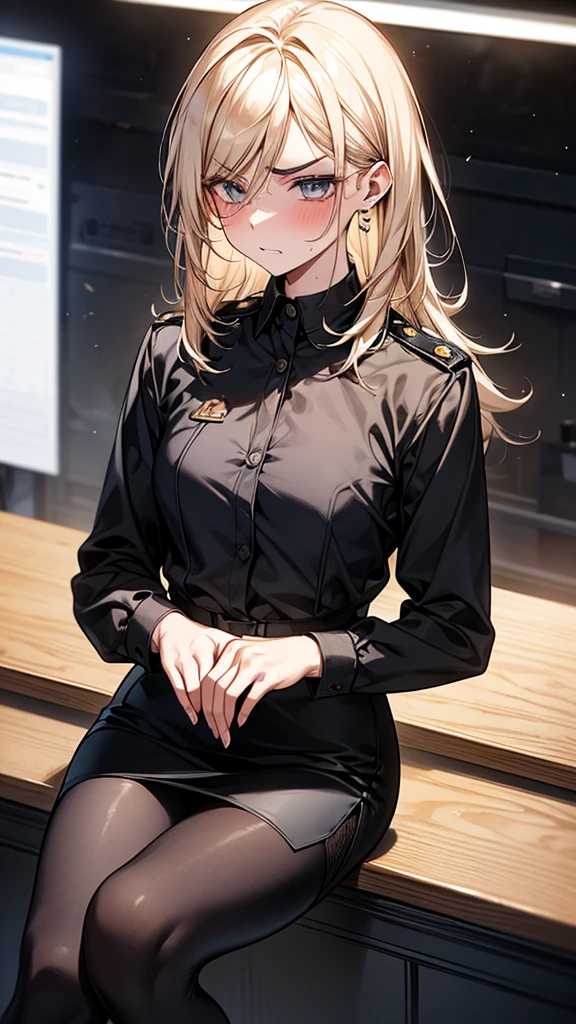 {{masterpiece}}, {{{Highest quality}}},{{Very detailed}},{{{from below}}},{{Blonde female police officer sitting on a chair}}Pencil skirt with slits,Black leggings,Black tights,Small breasts Black underwear、Thin legs long sleeve police uniform,Sitting in a chair in an office with a serious expression,Focus on legs{{{Sitting in a chair in an office with a serious expression成熟した女性}}},{{疲労でSweatをかいている成人女性}},Sweat,Hold the arm with one hand ,sit,{{Blushing}},{{V-shaped eyebrows}}},{{{}},{椅子にsit}},{},, ,{{}},,,{{}},{{}},,Slender body}}{{Female police officer}},,blush,Wrinkles ,amount,Grit your teeth,suffering,v-shaped eyebrows.,Sweat dripping ,get annoyed,,Inside the office,