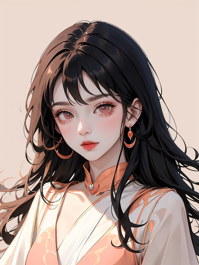 (flat color:1.1),(masterpiece:1.2), original, medium length straight black hair, peach-colored eyes, mature girl