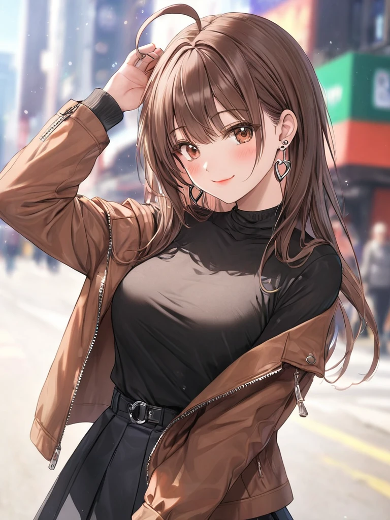 ((masterpiece, best quality)), very aesthetic, absurdres, One girl, Ahoge, bangs, black skirt, black sweater, Blurred, Blurred background, chest, Brown eyes, Brown Hair, brown Jacket, Mouth closed, Day, Depth of written boundary, Earrings, eyelash, Raise your hand, Tilt your head, Jacket, jewelry, Long Hair, Long sleeve, View Viewer, medium chest, Manicure, Open clothes, open Jacket, Outdoor, Pursed lips, Tucked in shirt, Side Lock, skirt, Sleeves are longer than the wrist, alone, sweater, Upper Body, zipper, smile,