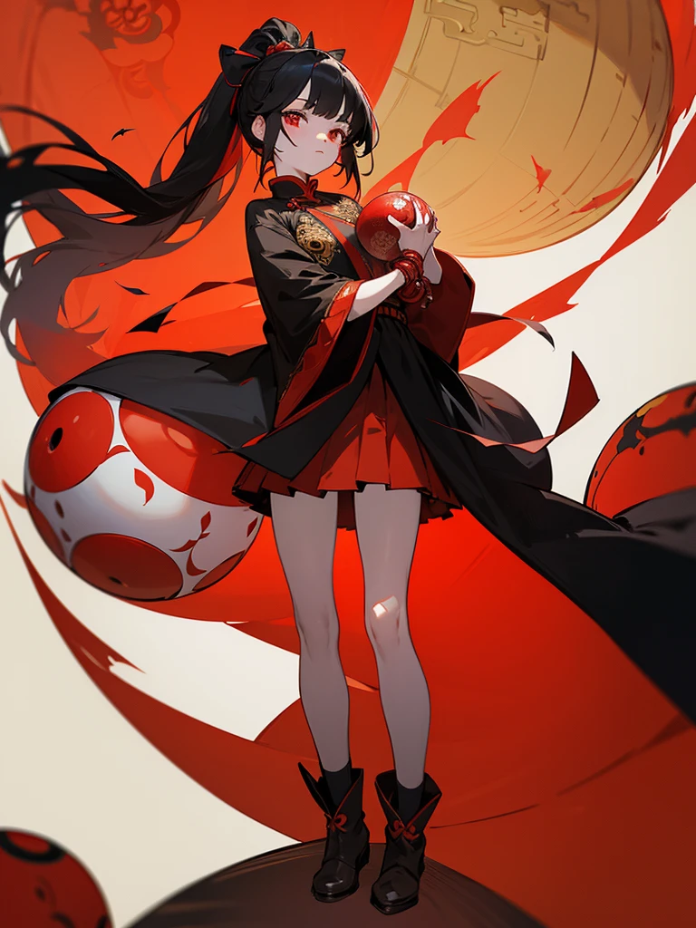A beautiful little girl with black hair and red eyes is standing in a Chinese-style red antique-style room. Her face is pale and expressionless. Her shoulder-length black hair is tied with red hairbands and white fur balls on both sides. She is wearing a red ancient costume, a skirt that reaches her knees, and a black coat on top. There are also golden butterflies embroidered on her feet, and she is wearing brown short boots and holding a red and black temari ball in her arms.