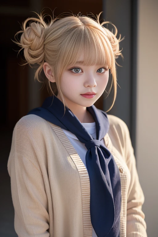 （（Blonde、himiko toga、White uniform shirt、Navy blue uniform skirt、cardigan、Red scarf、Dark eyeshadow、Dark eyeliner、Patsun、Twin tails、Bunhead、Thin eyebrows、Black socks、））、Browsing Caution、masterpiece、最high quality、high quality、grow、Beautiful poop、High resolution、非常にHigh resolution、RAW Photos、Best illustrations、hyper Realistic、One girl、Realistic、Ultra-detailed、Photorealistic、Unbelievably absurd、Close-up、Floating Hair、Soft Light、Cinema Lighting、Film Grain、Full Body Lesbian、Depth of written boundary、Blurred Background、ボケ Depth of written boundary:1.4、Eyes focus、85mm lens、Professional Lighting、Lens flare、Luminous Particles:0.6、Professional Writing、Portrait:0.6、Photon Mapping、Radio City、Physically Based Rendering、Japanese girl、sexual excitement:1.5、A vivid face、Realistic body、Realistic Skin、Big Breasts:1.3、Stylish、Camel Toe、Fair skin:1.1、cute:1.5