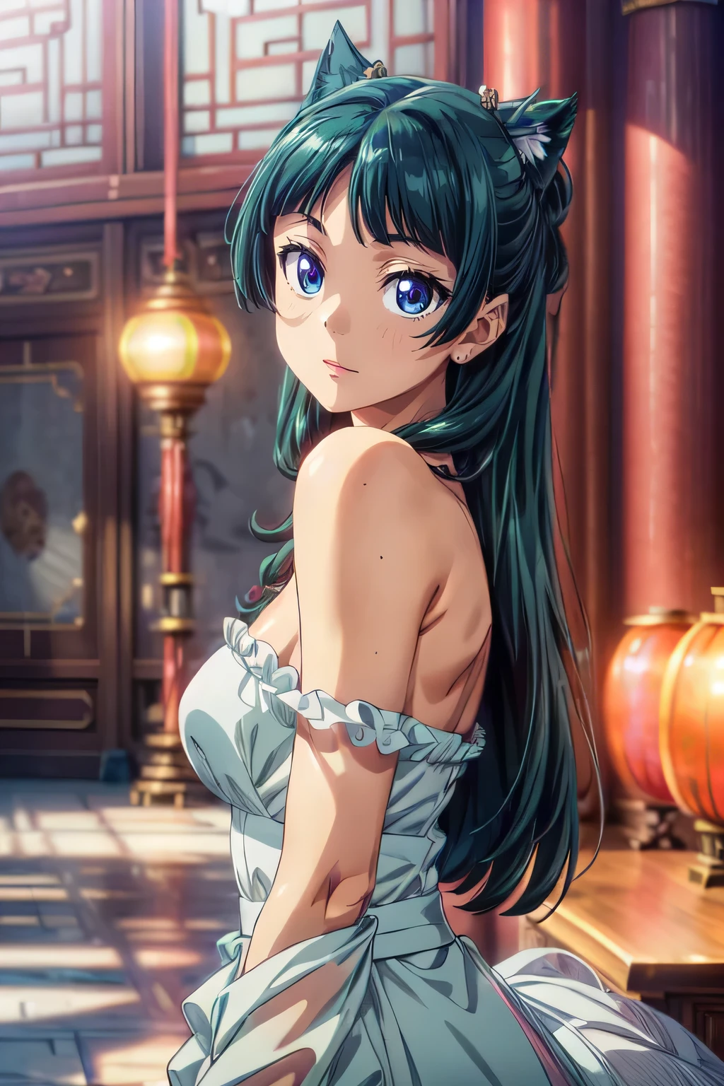 (Masterpiece, High Quality, Top quality, High-Detailed, Detailed CG, Cinematic Shadow, Cinematic Scene, Beautiful Detailed Eyes, Ultra Resolution, Depth of Field, High Resolution, Masterpiece: 1.2), Anime art style, Very detailed, Dynamic Angle, Teen Style, Detailed Green Hair, Detailed Blue Eyes, Slim Body, Cat Ear, Sparkling Eyes, Hair Accessory, Earrings, Slightly Blunt Bangs, Looking at the Audience, (Blush Expression:1.2), (Angry Expression:1.2), (Dark Green Hair), Purple Eye, Good Composition, Arms, Thighs, Medium Breasts, Medium Size Breasts, Blur Background, Chinese Architectures