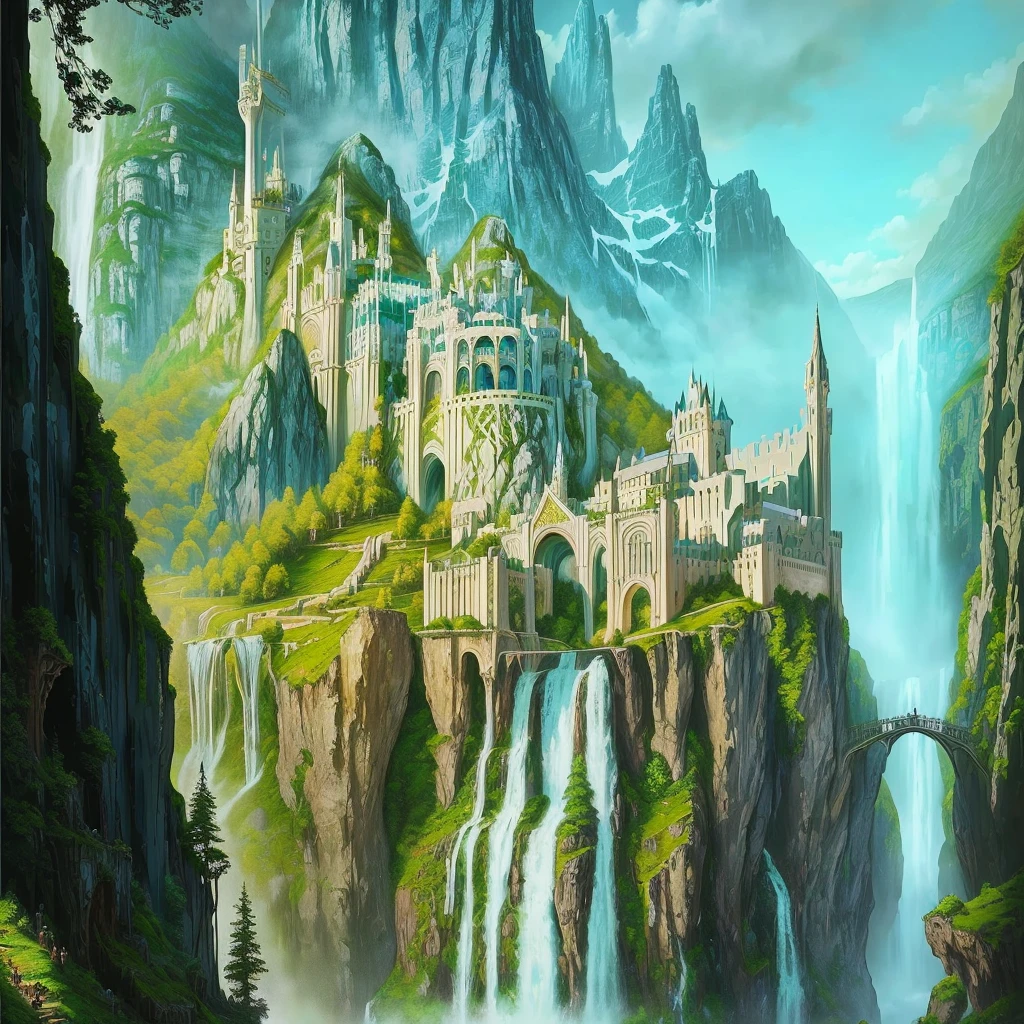 The painting shows a castle on a hill,Waterfall in the foreground, epic Rivendell fantasy, Rivendell, Middle-earth Landscape, Elf City, scene where she is in Rivendell, High Fantasy Painted Scenes, Lord of the Rings concept art, Gemasa's Elven Palace, Medieval fantasy town, Elf Building, Illustrations