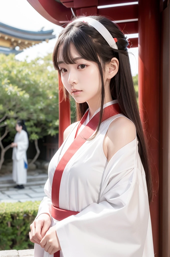 a beautiful female shinto shrine maiden, wearing a white garment with a red line from the shoulders, modest clothing covering the skin, side profile pose, long straight brown hair, silver scissor hair ornament, golden hair accessory behind the head, in a shrine courtyard, close-up of the upper body, wearing a very thin golden headband, shinto priest attire, a direct red line from the shoulders to the abdomen