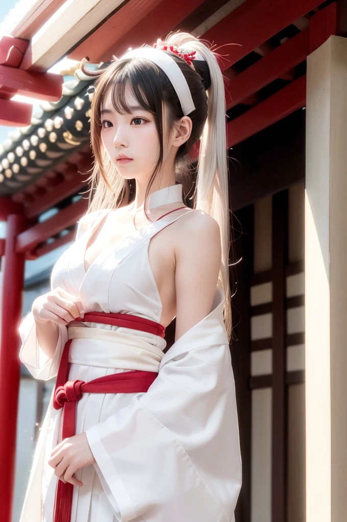 a beautiful female shinto shrine maiden, wearing a white garment with a red line from the shoulders, modest clothing covering the skin, side profile pose, long straight brown hair, silver scissor hair ornament, golden hair accessory behind the head, in a shrine courtyard, close-up of the upper body, wearing a very thin golden headband, shinto priest attire, a direct red line from the shoulders to the abdomen